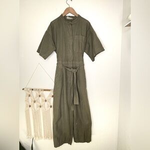 Everlane Green Jumpsuit with Belted Waist and Short Sleeves Olive wide leg